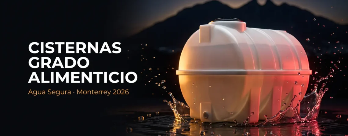 Cisterna de grado alimenticio de polietileno blanco con salpicadura de agua y la silueta del Cerro de la Silla en Monterrey