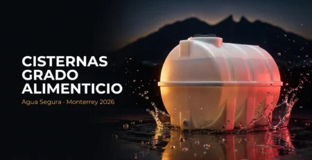 Cisterna de grado alimenticio de polietileno blanco con salpicadura de agua y la silueta del Cerro de la Silla en Monterrey