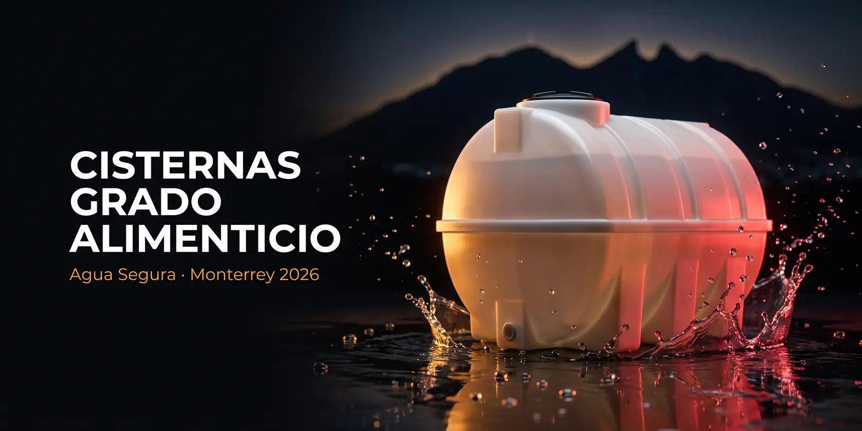 Cisterna de grado alimenticio de polietileno blanco con salpicadura de agua y la silueta del Cerro de la Silla en Monterrey