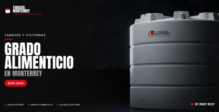 Portada del artículo de tanques de grado alimenticio de Tinacos Monterrey: tanque blanco apto para agua potable sobre fondo oscuro de marca con logo, titular y silueta del Cerro de la Silla