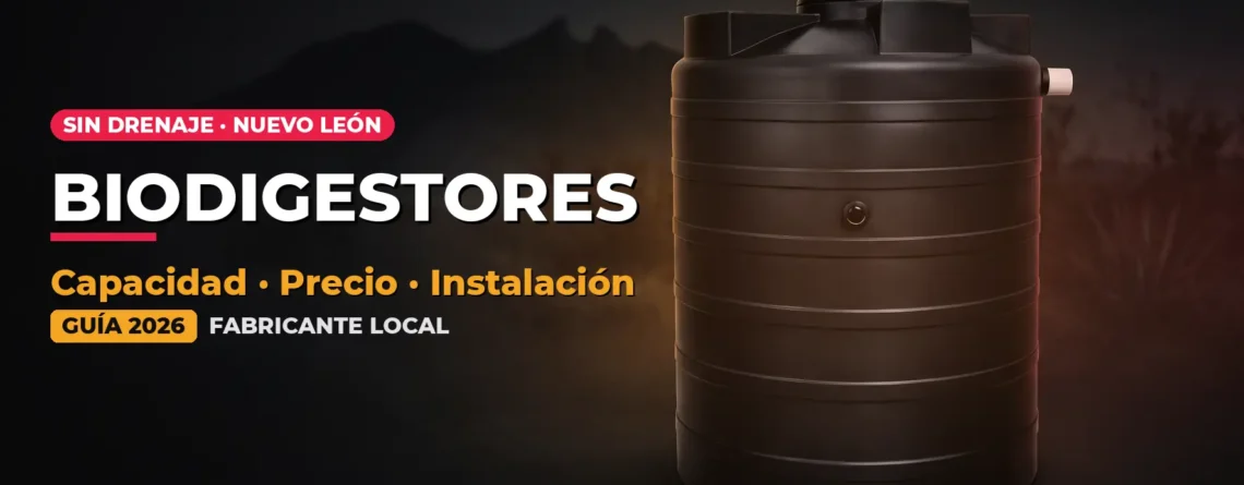 Biodigestor negro de polietileno de Tinacos Monterrey sobre fondo oscuro con la silueta del Cerro de la Silla; portada de la guía de biodigestores en Nuevo León 2026.