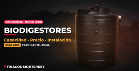 Biodigestor negro de polietileno de Tinacos Monterrey sobre fondo oscuro con la silueta del Cerro de la Silla; portada de la guía de biodigestores en Nuevo León 2026.